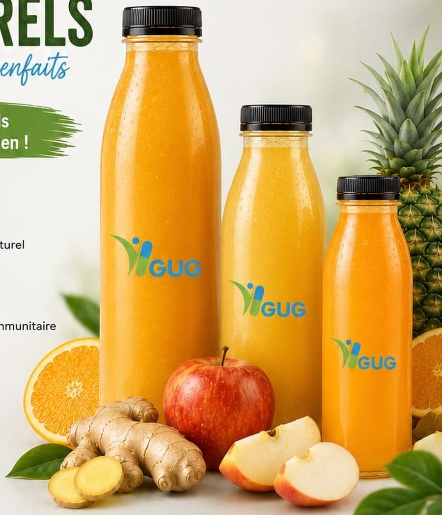 Bouteilles de jus naturels GUG avec fruits